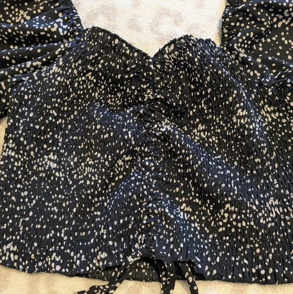 Puff Sleeve Shirred Ruched Black and White Polka Dot Cropped Blouse Tie Front S - Picture 3 of 6